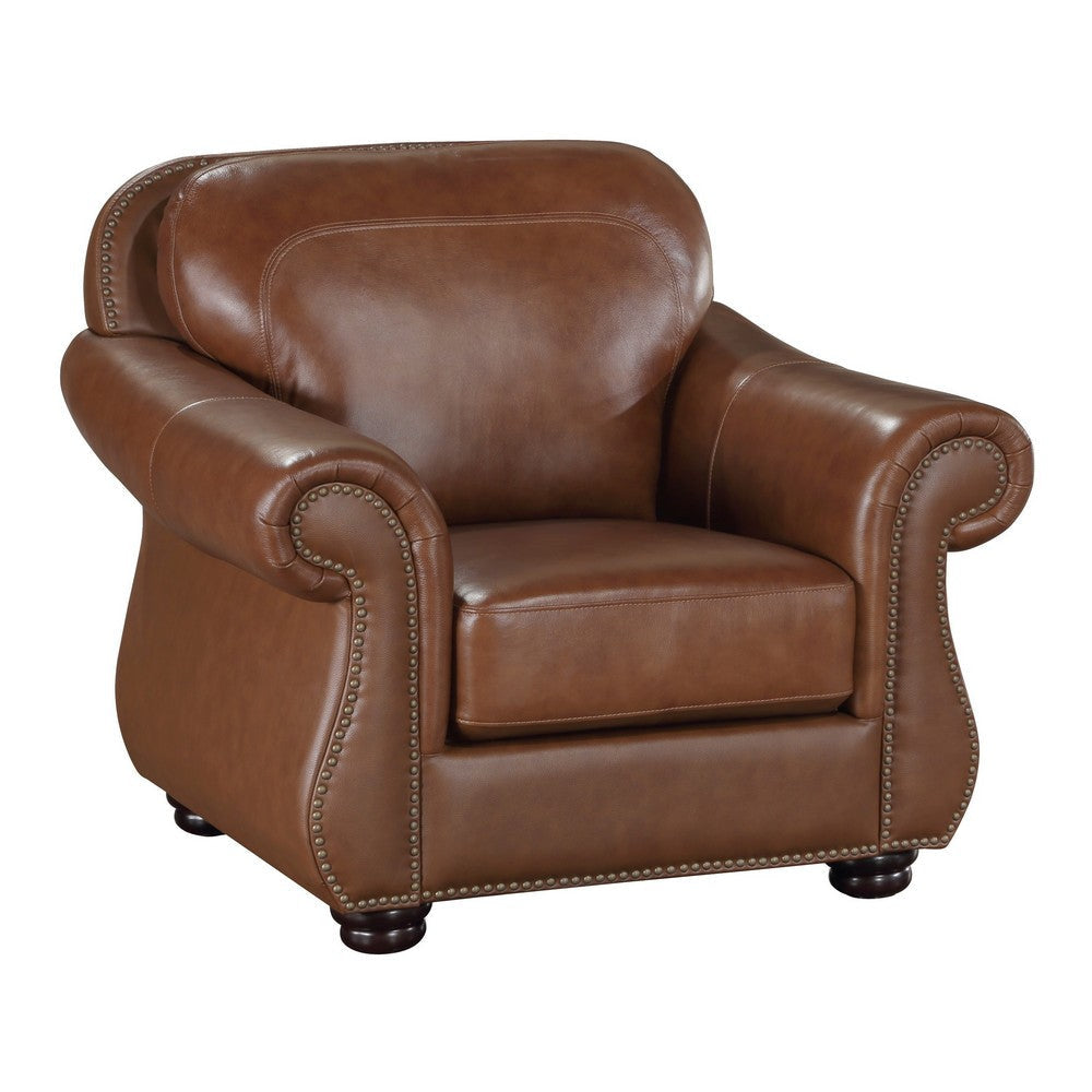 Boro 40 Inch Accent Chair, Brown Top Grain and Faux Leather, Solid Wood By Casagear Home