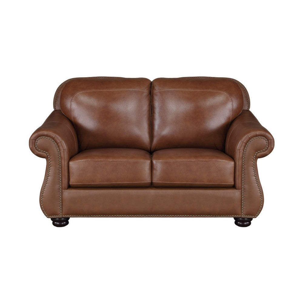 Boro 64 Inch Loveseat Rich Brown Top Grain and Faux Leather Solid Wood By Casagear Home BM315511