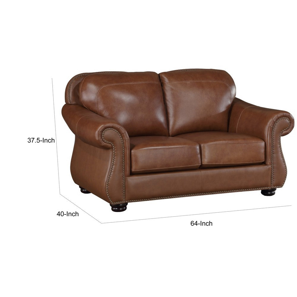 Boro 64 Inch Loveseat Rich Brown Top Grain and Faux Leather Solid Wood By Casagear Home BM315511