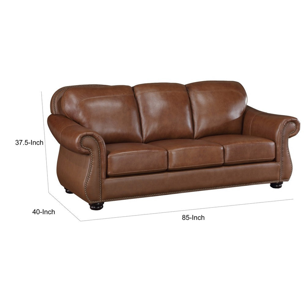 Boro 85 Inch Sofa Rich Brown Top Grain and Faux Leather Solid Wood By Casagear Home BM315512