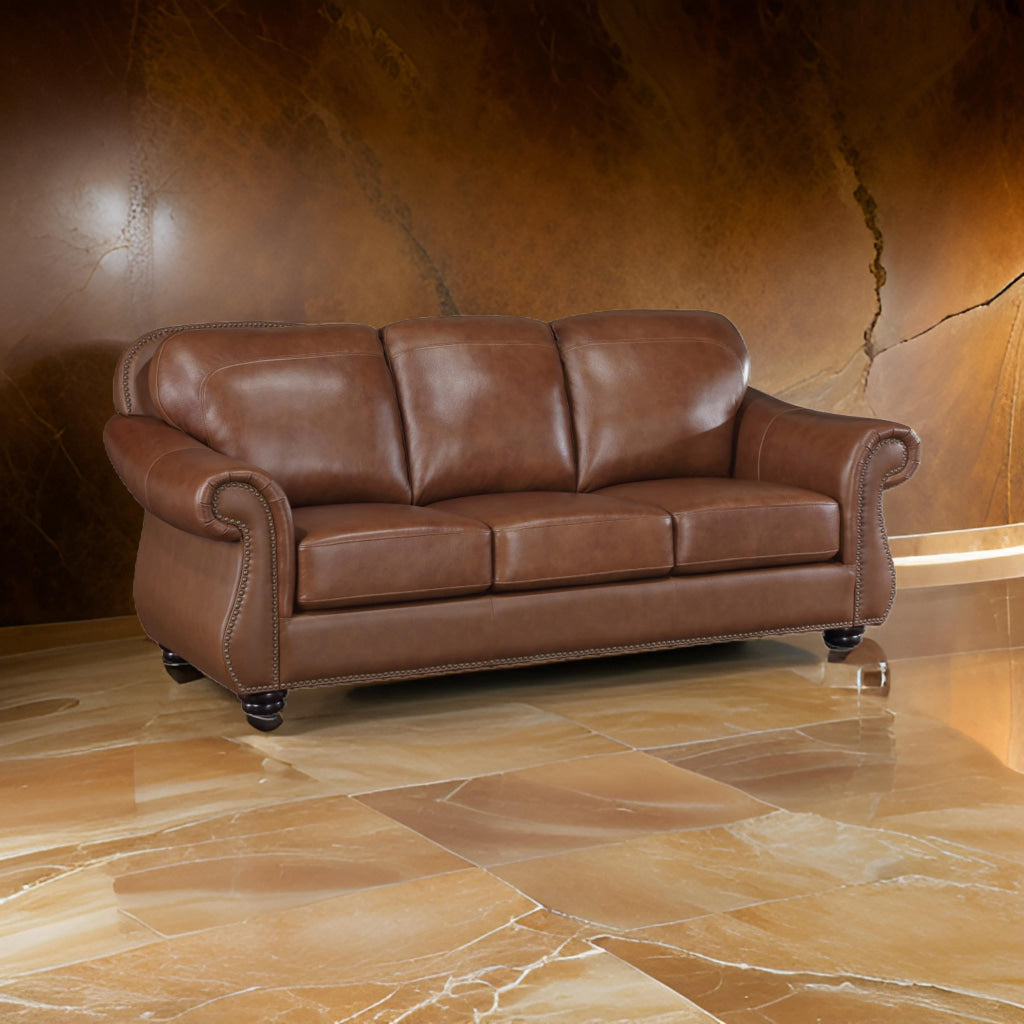 Boro 85 Inch Sofa Rich Brown Top Grain and Faux Leather Solid Wood By Casagear Home BM315512