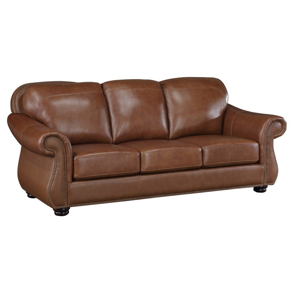 Boro 85 Inch Sofa, Rich Brown Top Grain and Faux Leather, Solid Wood By Casagear Home