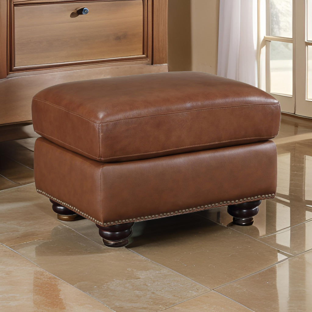 Boro 28 Inch Ottoman, Rich Brown Top Grain and Faux Leather, Solid Wood By Casagear Home