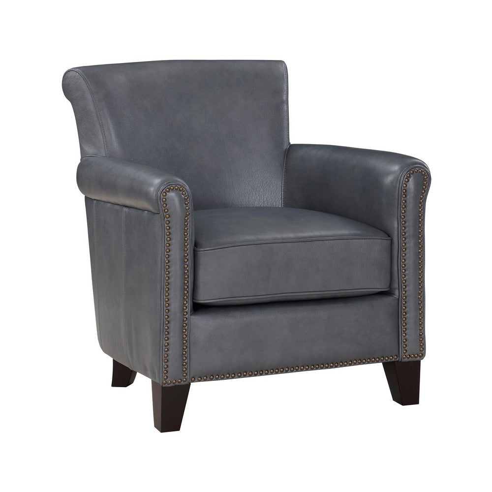 Tria 35 Inch Accent Chair, Gray Top Grain and Split Leather, Solid Wood By Casagear Home