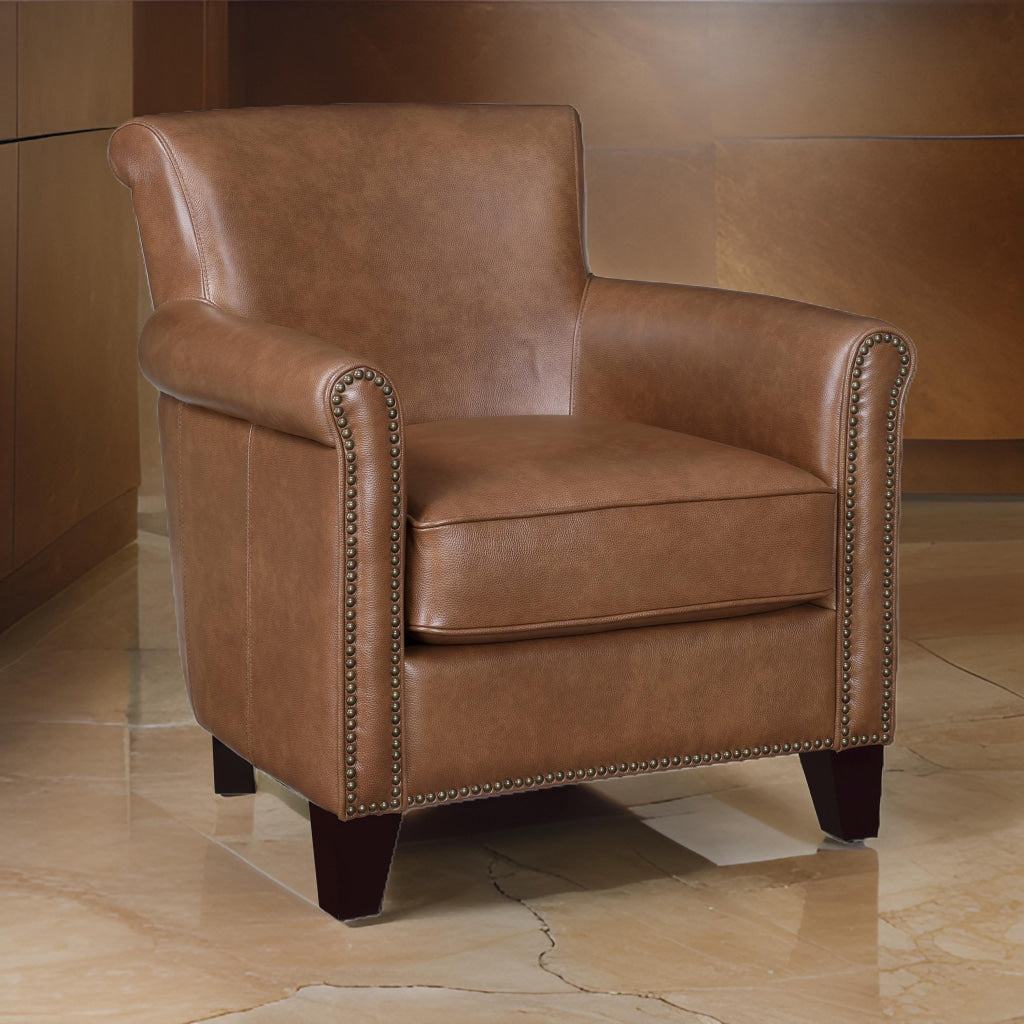 Tria 35 Inch Accent Chair, Brown Top Grain and Split Leather, Solid Wood By Casagear Home