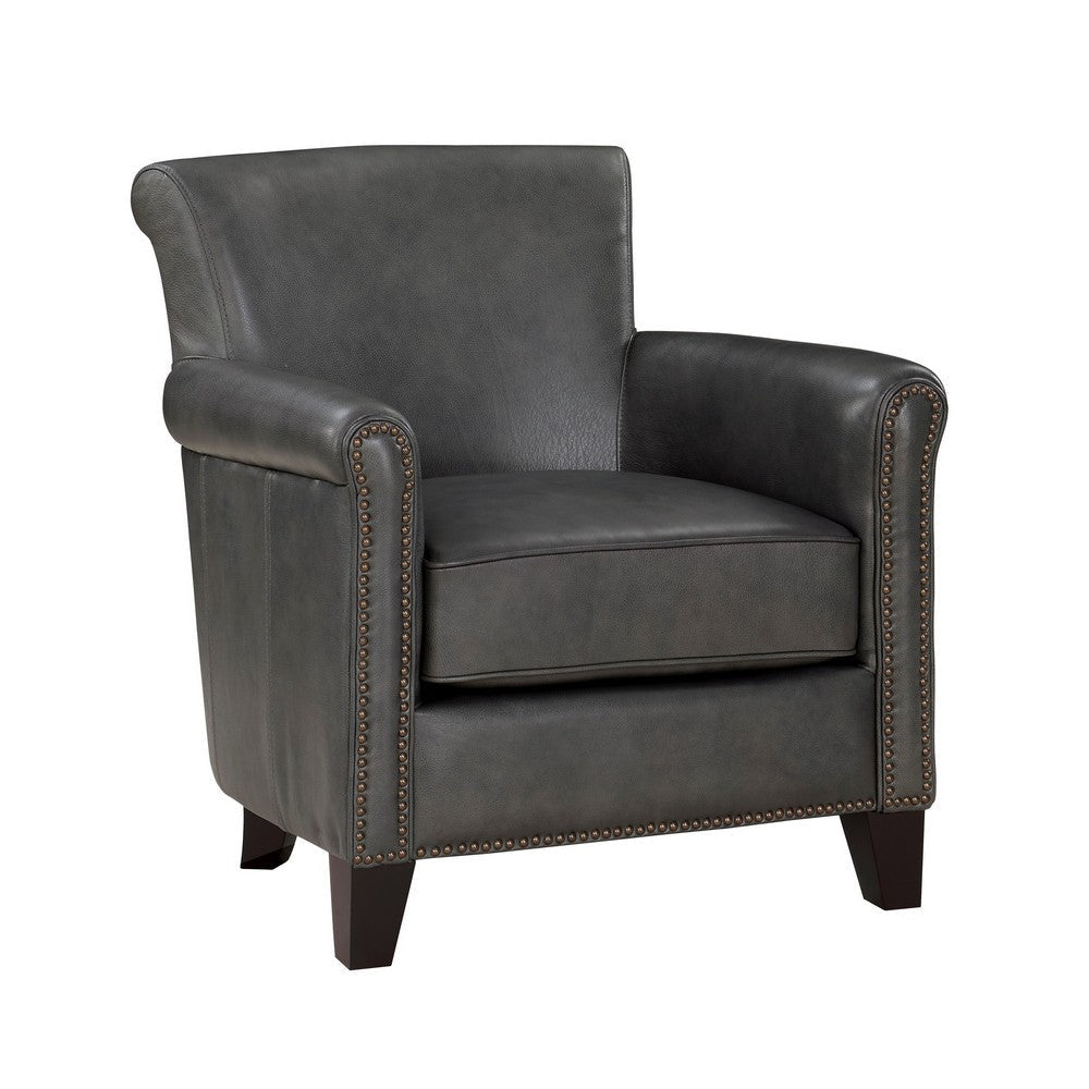 Tria 35 Inch Accent Chair, Gray Top Grain and Split Leather, Brown Wood By Casagear Home