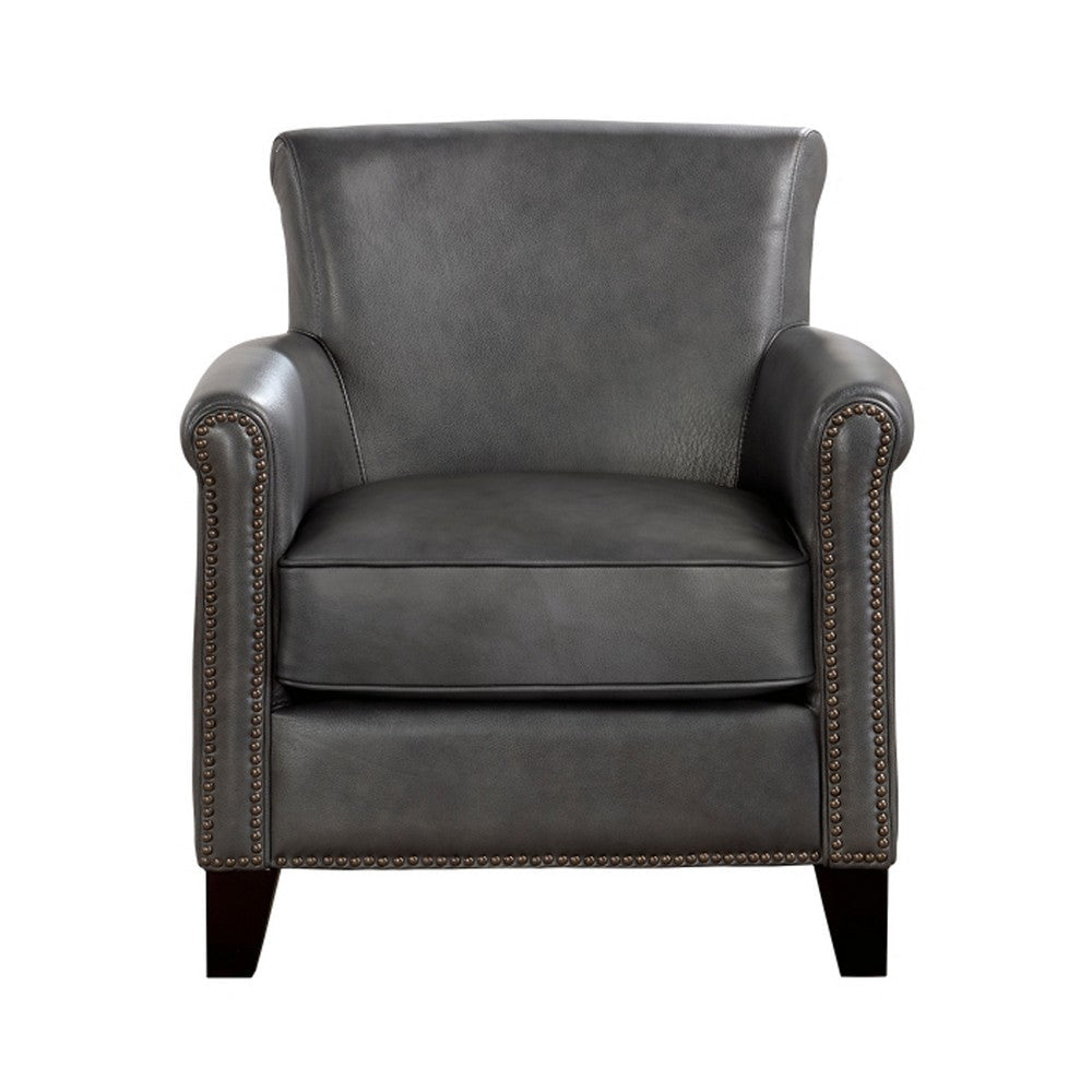 Tria 35 Inch Accent Chair Gray Top Grain and Split Leather Brown Wood By Casagear Home BM315516