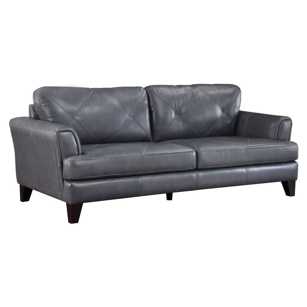 Lisa 88 Inch Sofa, Gray Top Grain and Split Leather, Brown Solid Wood By Casagear Home