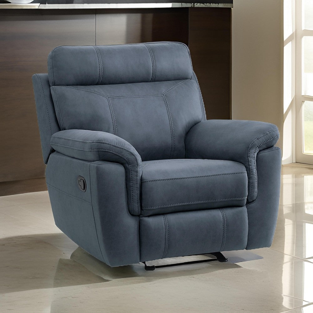 Clif 38 Inch Manual Glider Reclining Accent Chair, Blue Microfiber, Wood By Casagear Home