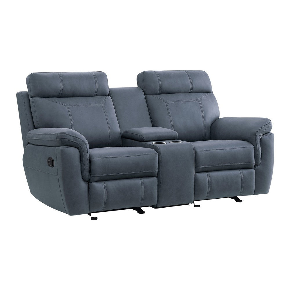 Clif 76 Inch Manual Glider Reclining Loveseat, Solid Wood, Blue Microfiber By Casagear Home