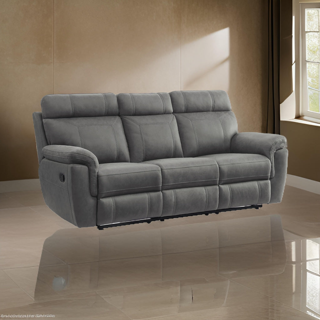 Cliff 84 Inch Manual Reclining Sofa, Gray Microfiber, Solid Wood, Metal By Casagear Home