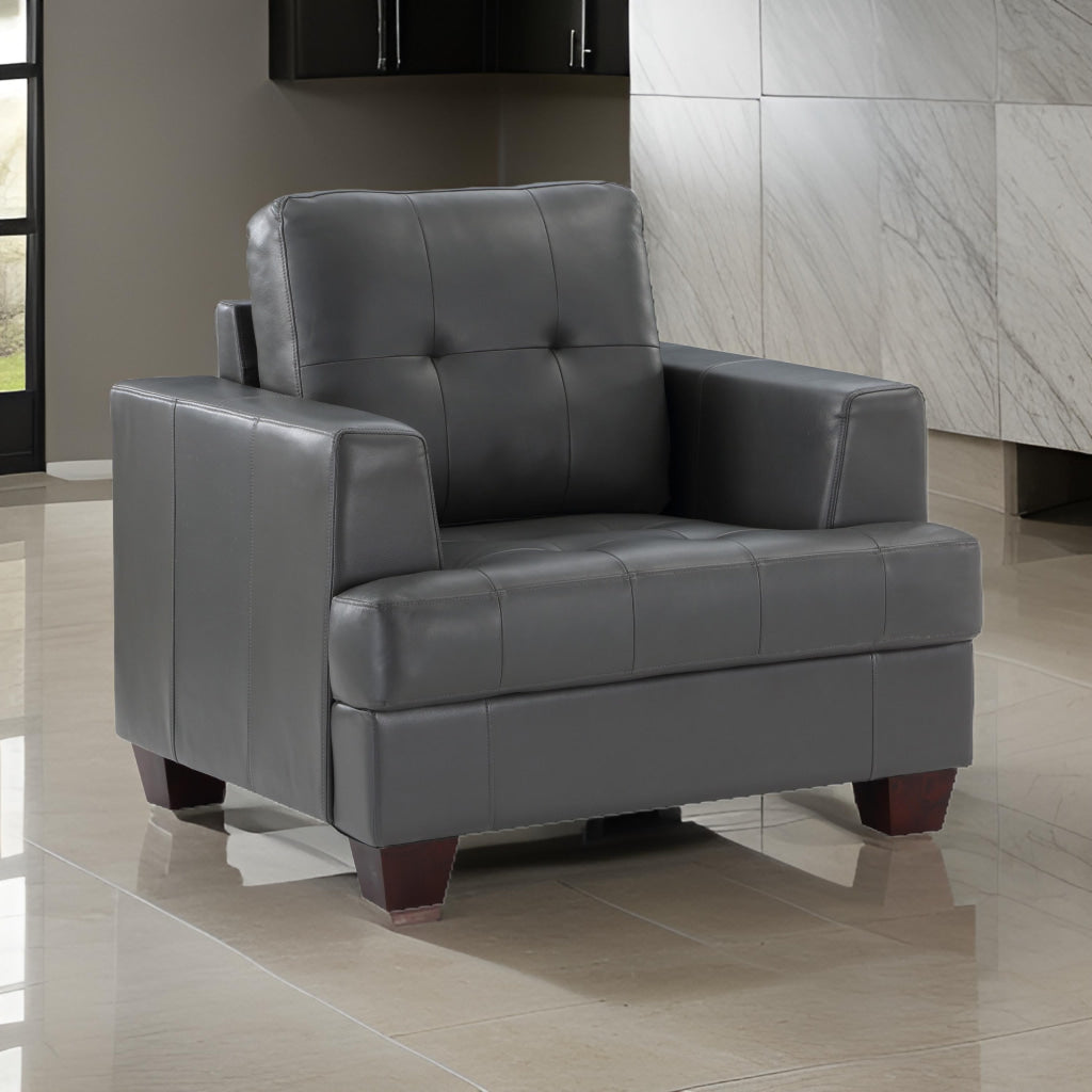 Sina 37 Inch Accent Chair, Gray Faux Leather, Button Tufted, Solid Wood By Casagear Home