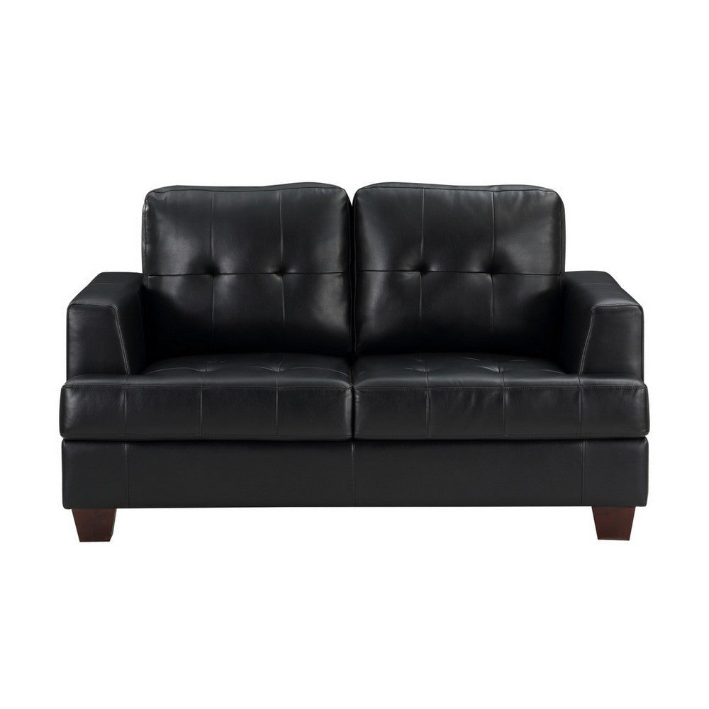 Sina 64 Inch Loveseat Button Tufted Black Faux Leather and Solid Wood By Casagear Home BM315534