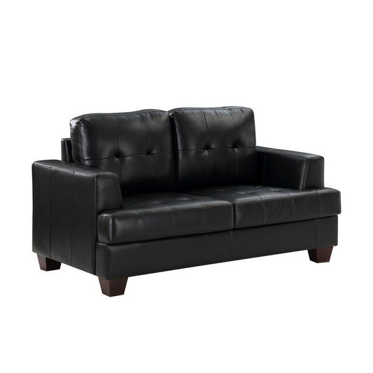 Sina 64 Inch Loveseat, Button Tufted Black Faux Leather and Solid Wood By Casagear Home