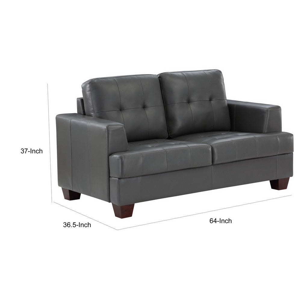 Sina 64 Inch Loveseat Button Tufted Gray Faux Leather and Solid Wood By Casagear Home BM315535