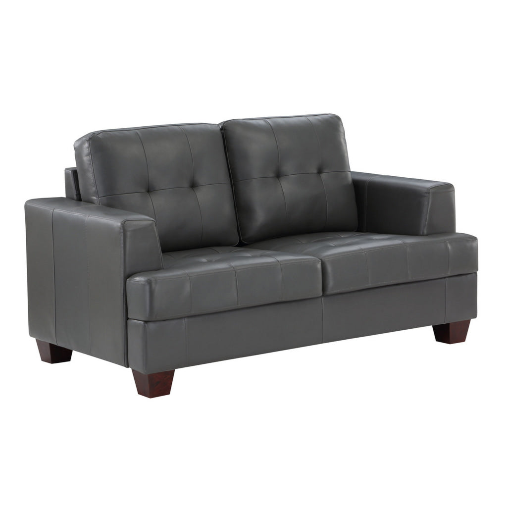 Sina 64 Inch Loveseat Button Tufted Gray Faux Leather and Solid Wood By Casagear Home BM315535