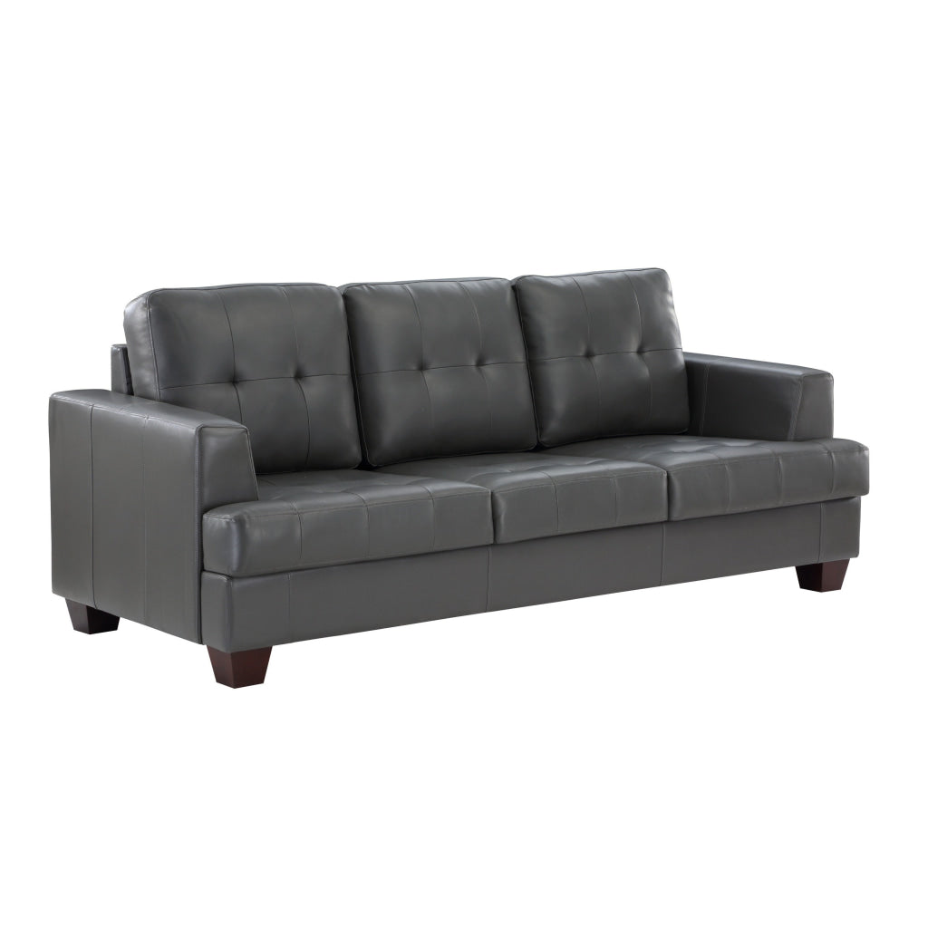 Sina 89 Inch Sofa Button Tufted Gray Faux Leather Dark Brown Solid Wood By Casagear Home BM315537