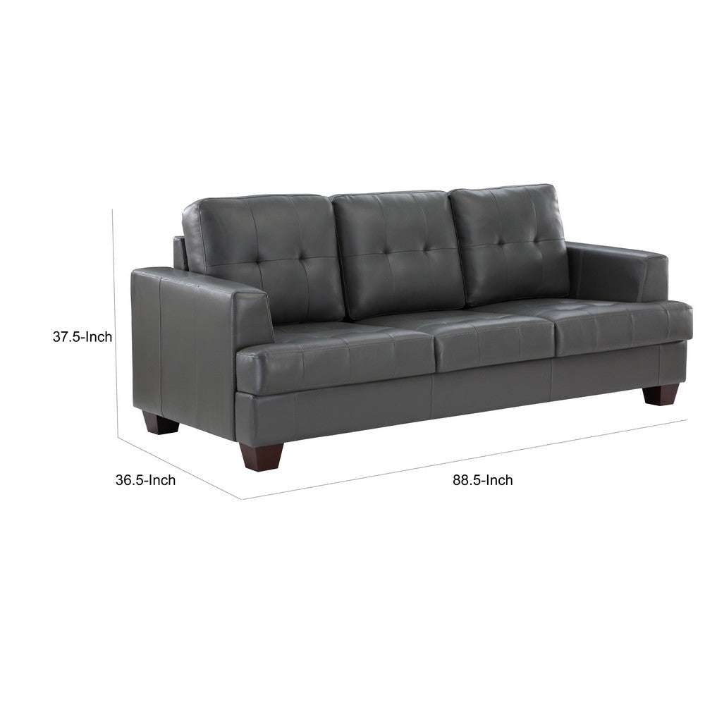 Sina 89 Inch Sofa Button Tufted Gray Faux Leather Dark Brown Solid Wood By Casagear Home BM315537