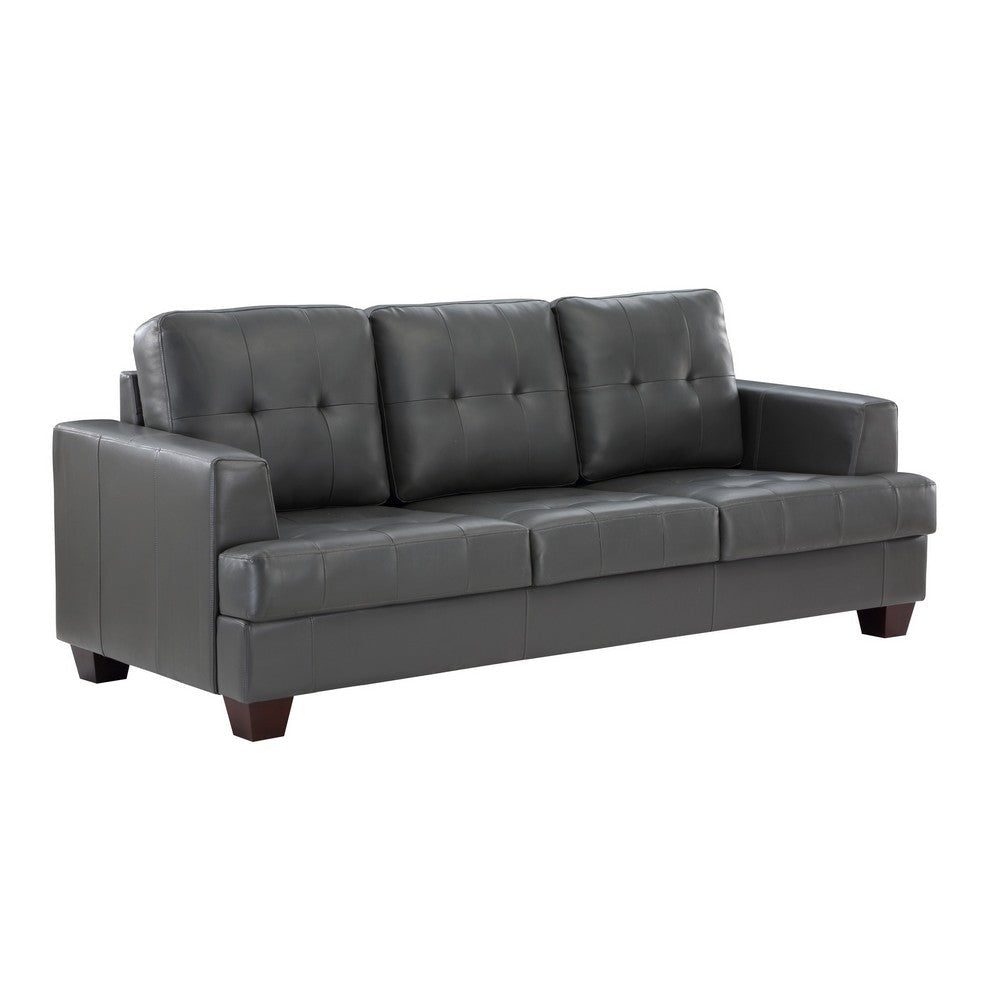 Sina 89 Inch Sofa, Button Tufted Gray Faux Leather, Dark Brown Solid Wood By Casagear Home