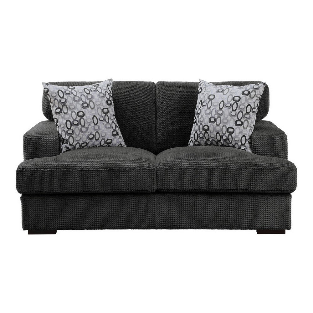 Meadow 68 Inch Loveseat Gray Microfiber 2 Pillows Brown Solid Wood By Casagear Home BM315542