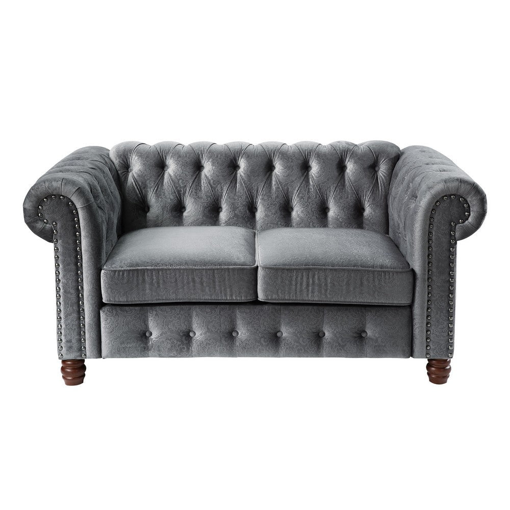 Elwin 64 Inch Loveseat Button Tufted Dark Gray Velvet Brown Solid Wood By Casagear Home BM315546