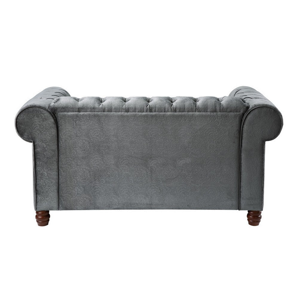 Elwin 64 Inch Loveseat Button Tufted Dark Gray Velvet Brown Solid Wood By Casagear Home BM315546