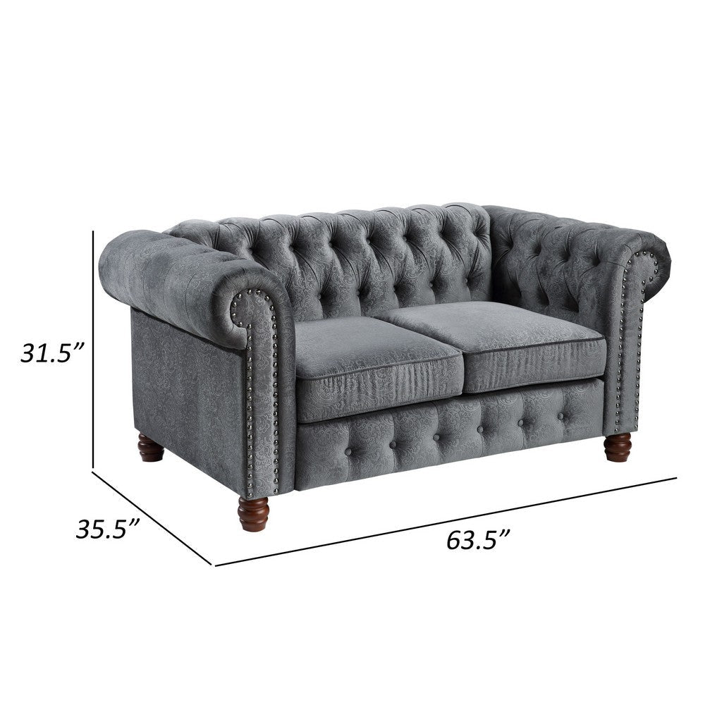 Elwin 64 Inch Loveseat Button Tufted Dark Gray Velvet Brown Solid Wood By Casagear Home BM315546