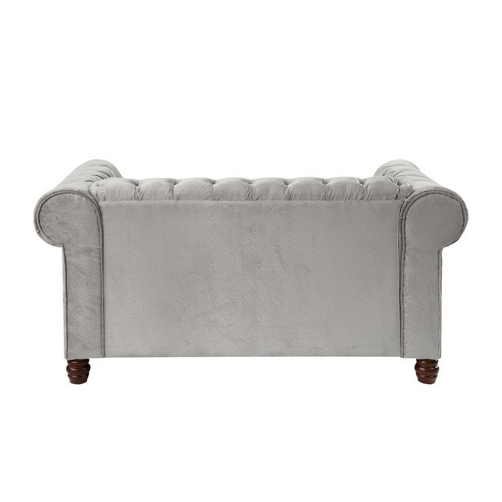 Elwin 64 Inch Loveseat Button Tufted Light Gray Velvet Brown Solid Wood By Casagear Home BM315547