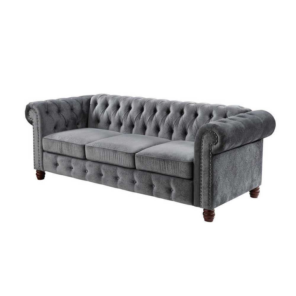 Elwin 86 Inch Sofa Button Tufted Dark Gray Velvet Cherry Brown Solid Wood By Casagear Home BM315548