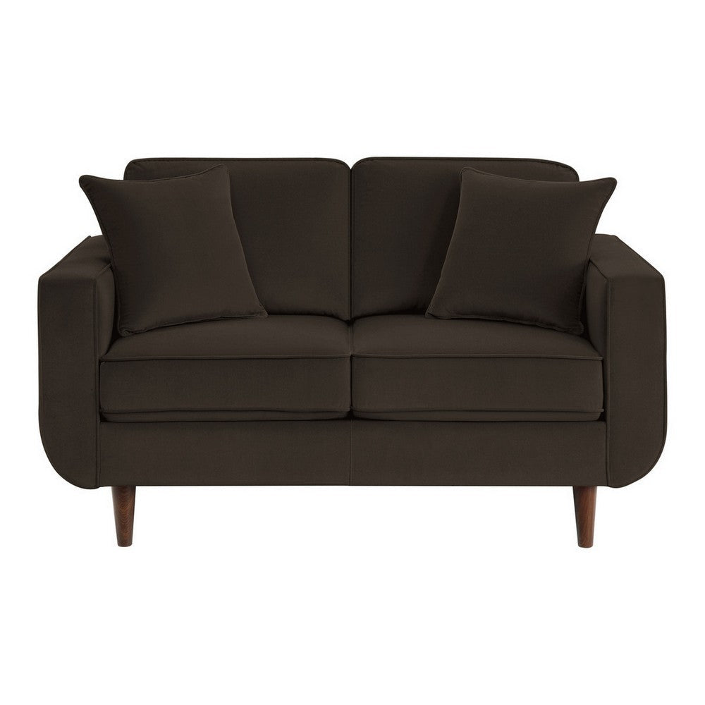 Jim 59 Inch Loveseat Chocolate Brown Velvet 2 Accent Pillows Solid Wood By Casagear Home BM315556