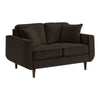 Jim 59 Inch Loveseat, Chocolate Brown Velvet, 2 Accent Pillows, Solid Wood By Casagear Home