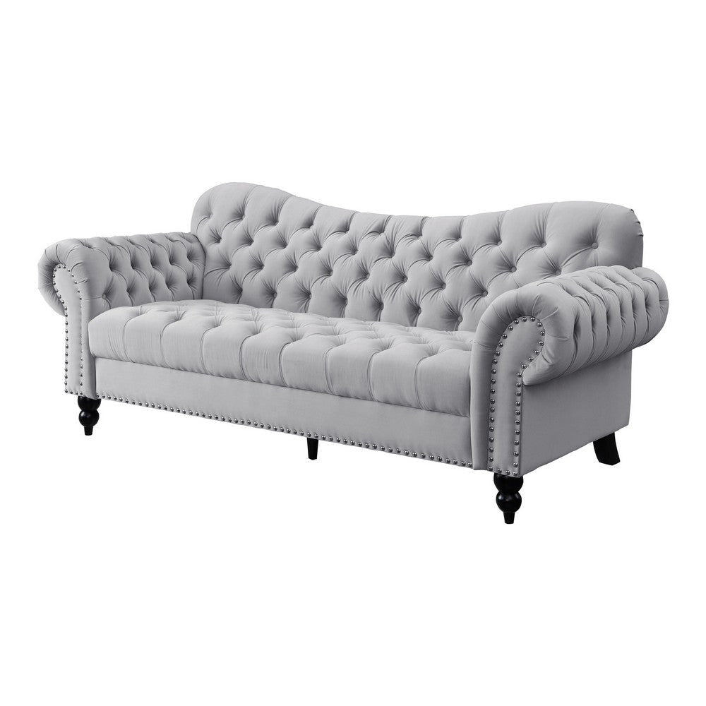 Rosie 84 Inch Sofa Button Tufted Light Gray Velvet Brown Solid Wood By Casagear Home BM315565