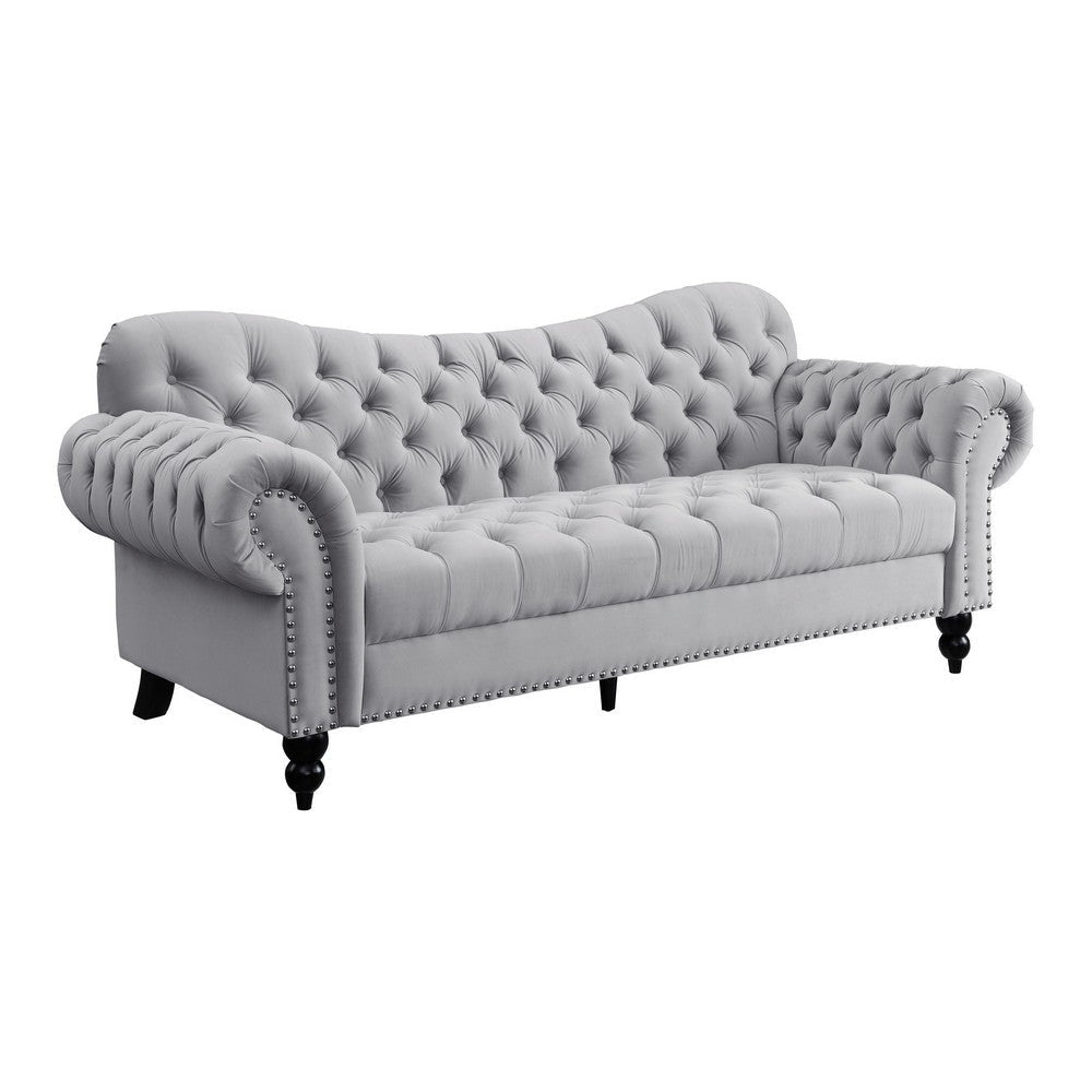 Rosie 84 Inch Sofa, Button Tufted Light Gray Velvet, Brown Solid Wood By Casagear Home