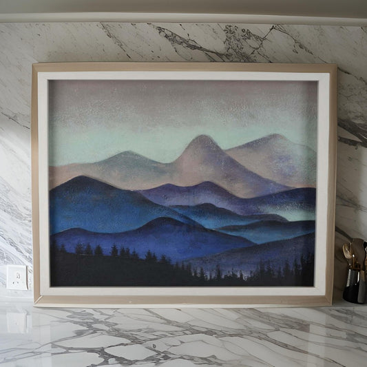 28 x 28 Framed Wall Art Painting, Mountains, Natural Fiber, Multicolor By Casagear Home