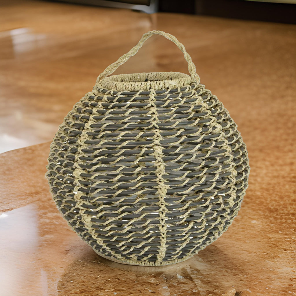 Hani 17 Inch Tabletop Decor Lantern, Beige Woven Fiber, Oval Shape, Gray By Casagear Home