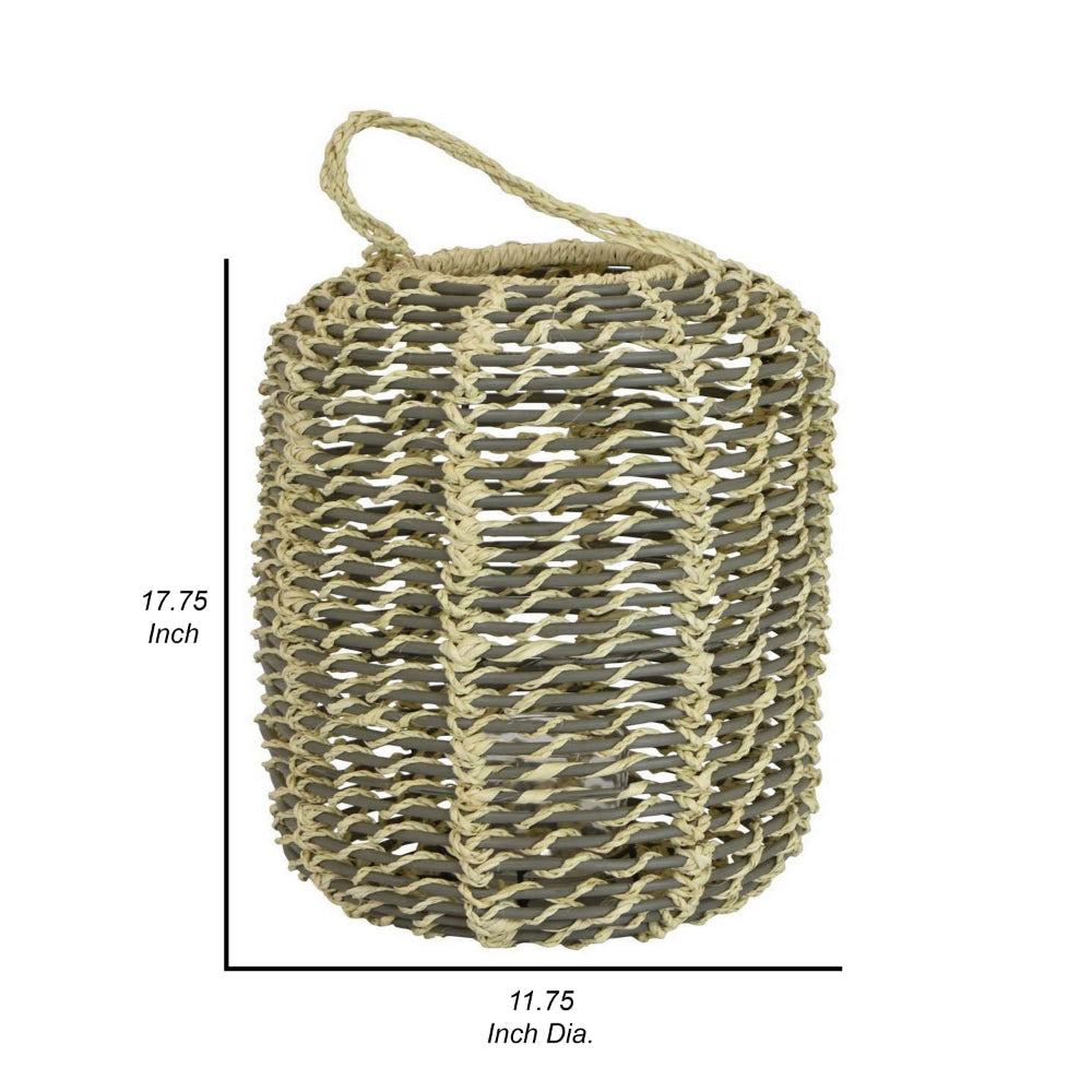 Hani 18 Inch Tabletop Decor Lantern Beige Woven Fiber Cylindrical Gray By Casagear Home BM315588