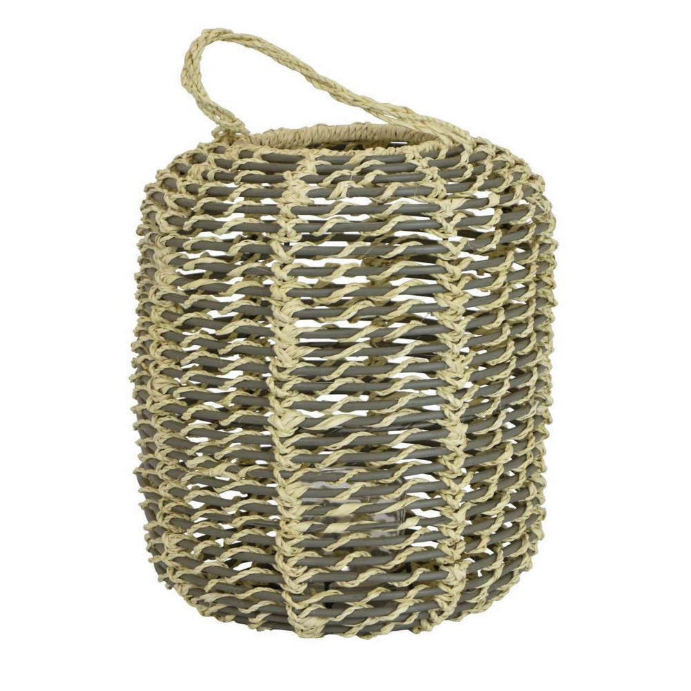 Hani 18 Inch Tabletop Decor Lantern, Beige Woven Fiber, Cylindrical, Gray By Casagear Home