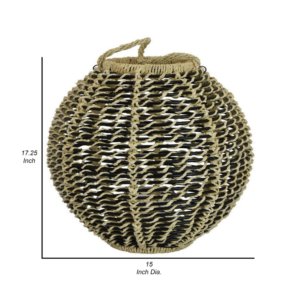 Hani 17 Inch Tabletop Decor Lantern Beige Woven Fiber Oval Shape Black By Casagear Home BM315589