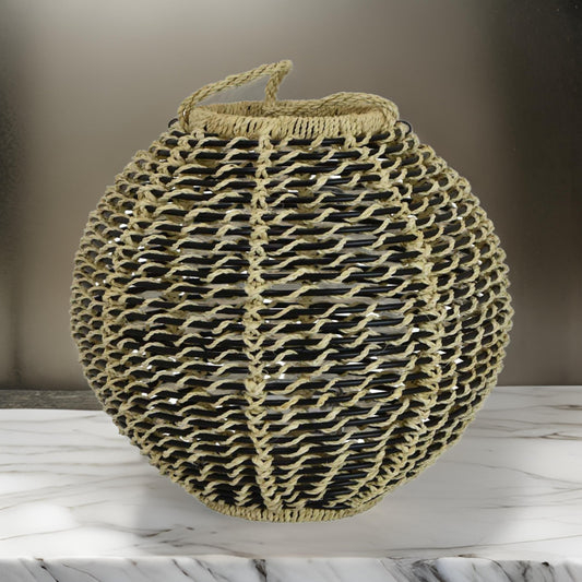 Hani 17 Inch Tabletop Decor Lantern, Beige Woven Fiber, Oval Shape, Black By Casagear Home