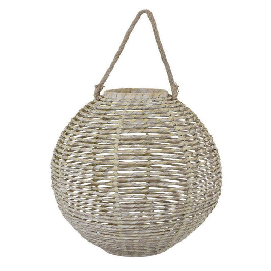 Hani 17 Inch Tabletop Decor Lantern, Woven Fiber Frame, Oval Shape, White By Casagear Home