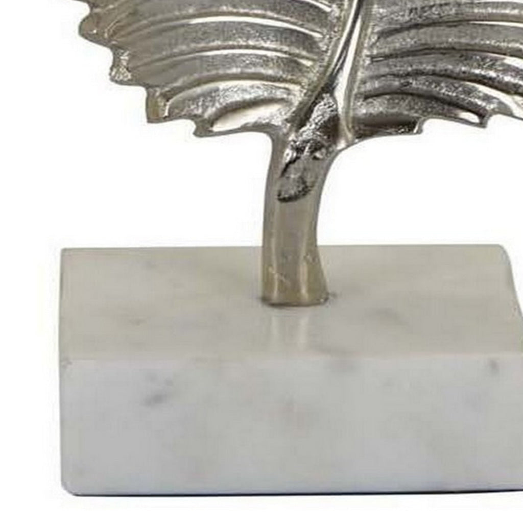 Boki 14 Inch Tabletop Decoration Silver Leaf Sculpture White Round Base By Casagear Home BM315598