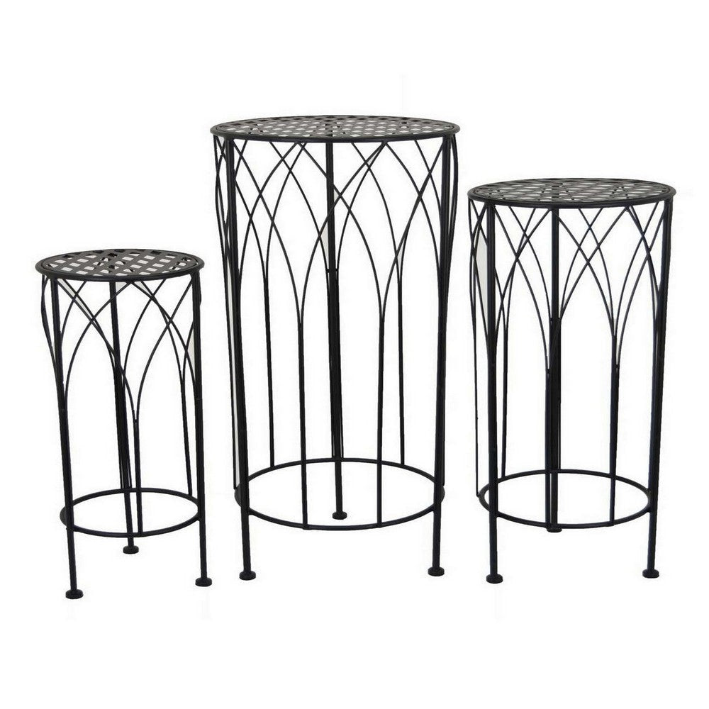 Lyi Plant Stand Table Set of 3 Round Carved Cutout Wired Base Black Metal By Casagear Home BM315611