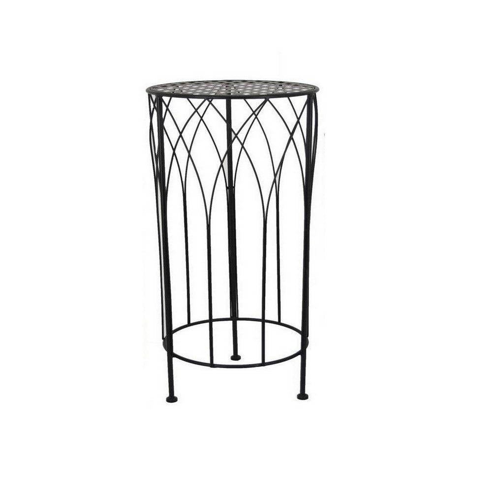 Lyi Plant Stand Table Set of 3 Round Carved Cutout Wired Base Black Metal By Casagear Home BM315611