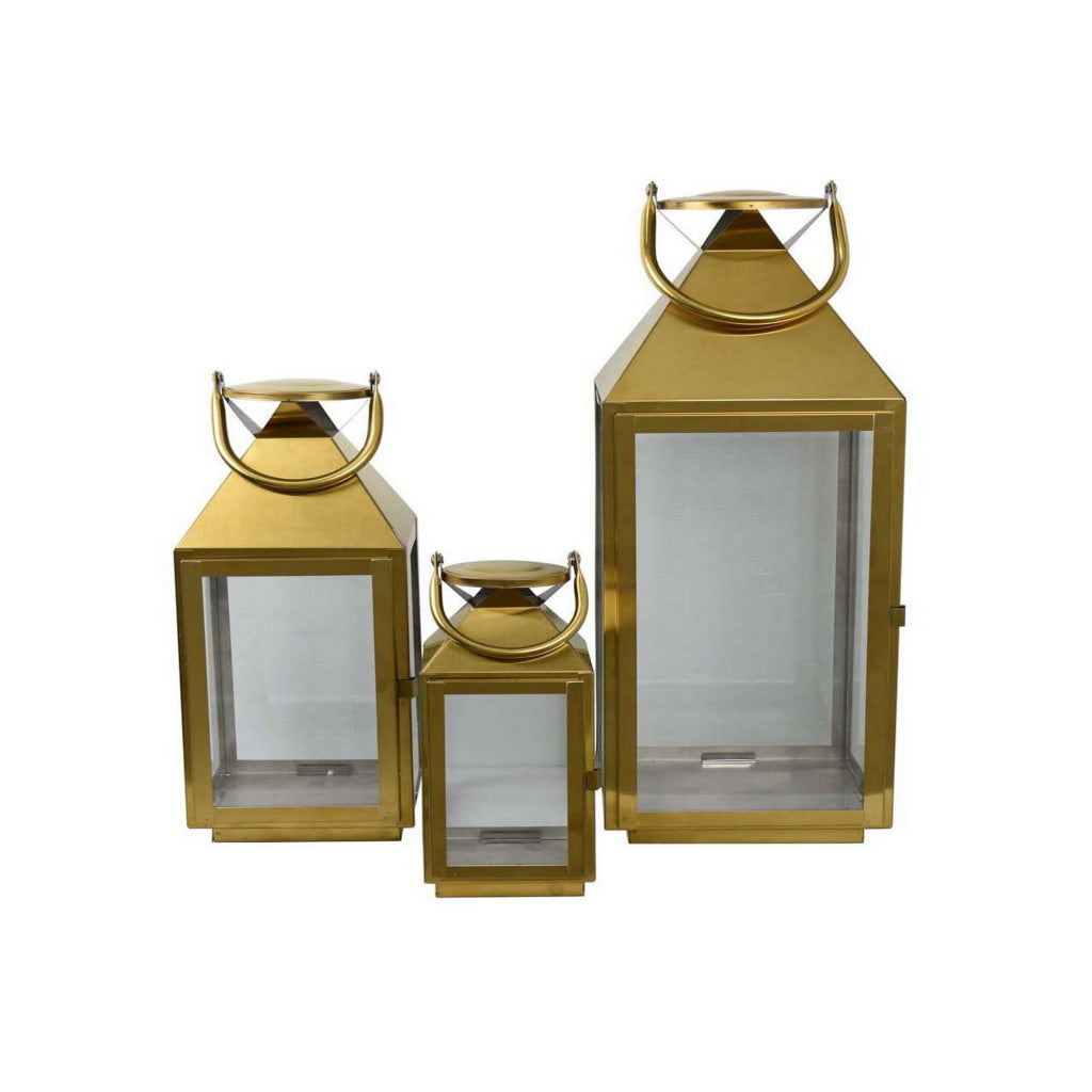 Davi Set of 3 Decorative Lanterns Curved Handles Glass Panel Gold Metal By Casagear Home BM315627