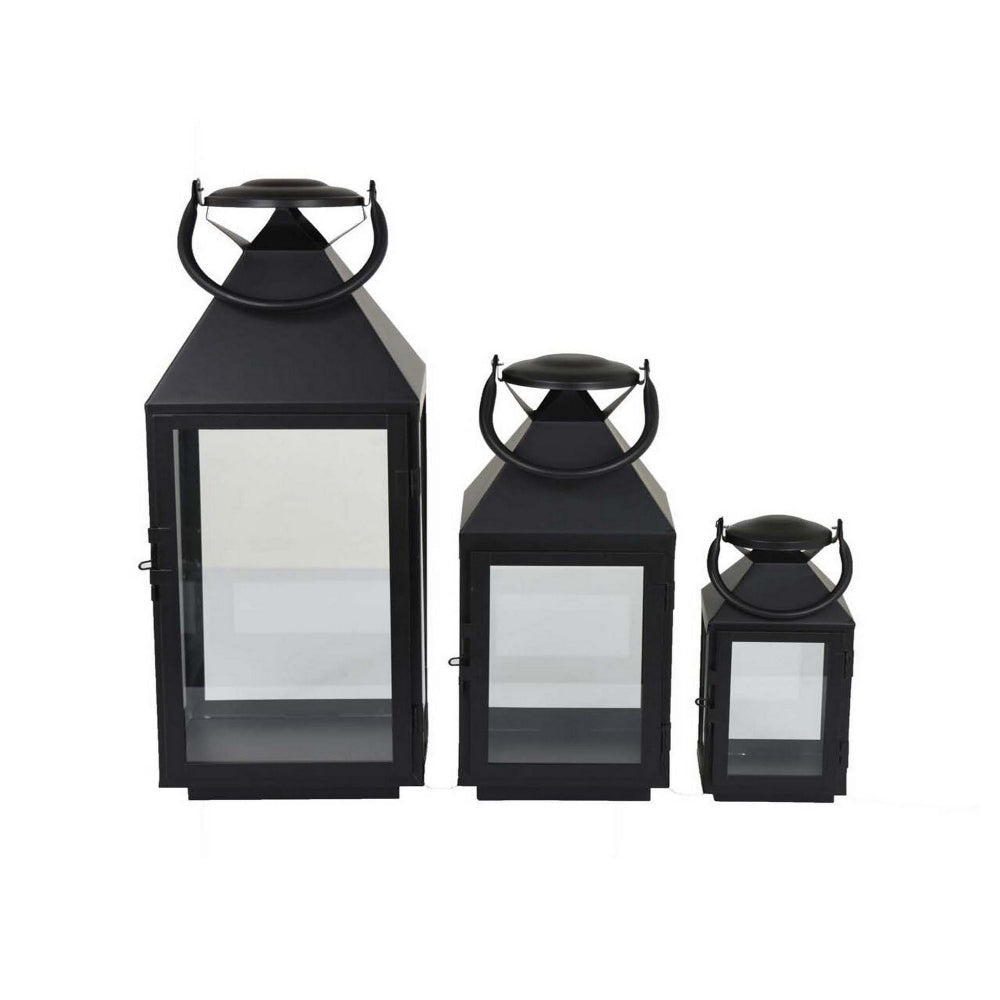 Davi Set of 3 Decorative Lanterns, Curved Handles, Glass Panel, Black Metal By Casagear Home