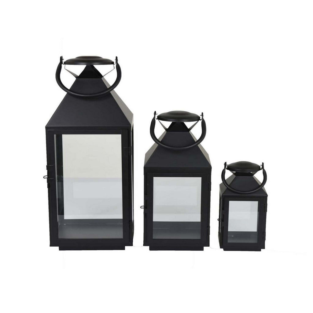 Davi Set of 3 Decorative Lanterns Curved Handles Glass Panel Black Metal By Casagear Home BM315628