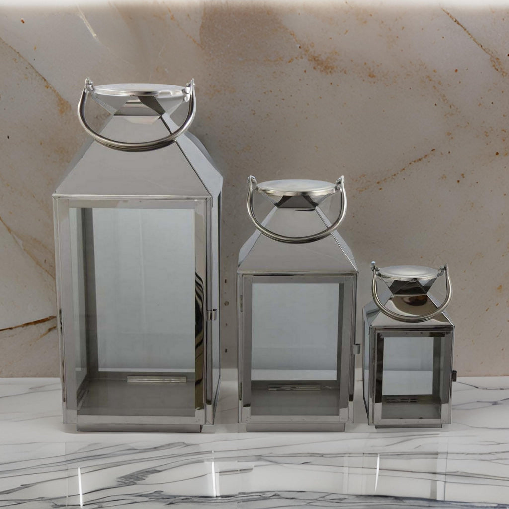 Davi Set of 3 Decorative Lanterns, Curved Handles, Glass Panel Silver Metal By Casagear Home