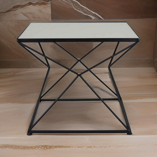 21 Inch Plant Stand Side Table, Mirror Top, Black Geometric Metal Frame By Casagear Home