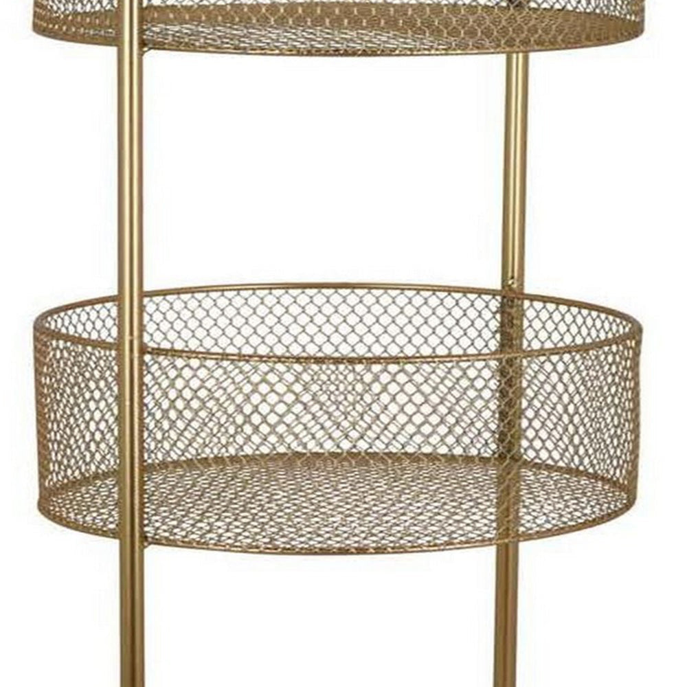 42 Inch 3 Tier Storage Rack Round Mesh Tops Curved Metal Frame Gold By Casagear Home BM315645