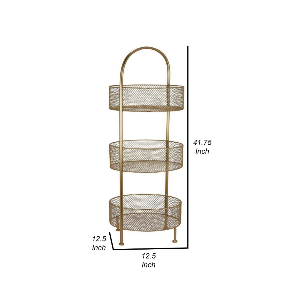 42 Inch 3 Tier Storage Rack Round Mesh Tops Curved Metal Frame Gold By Casagear Home BM315645